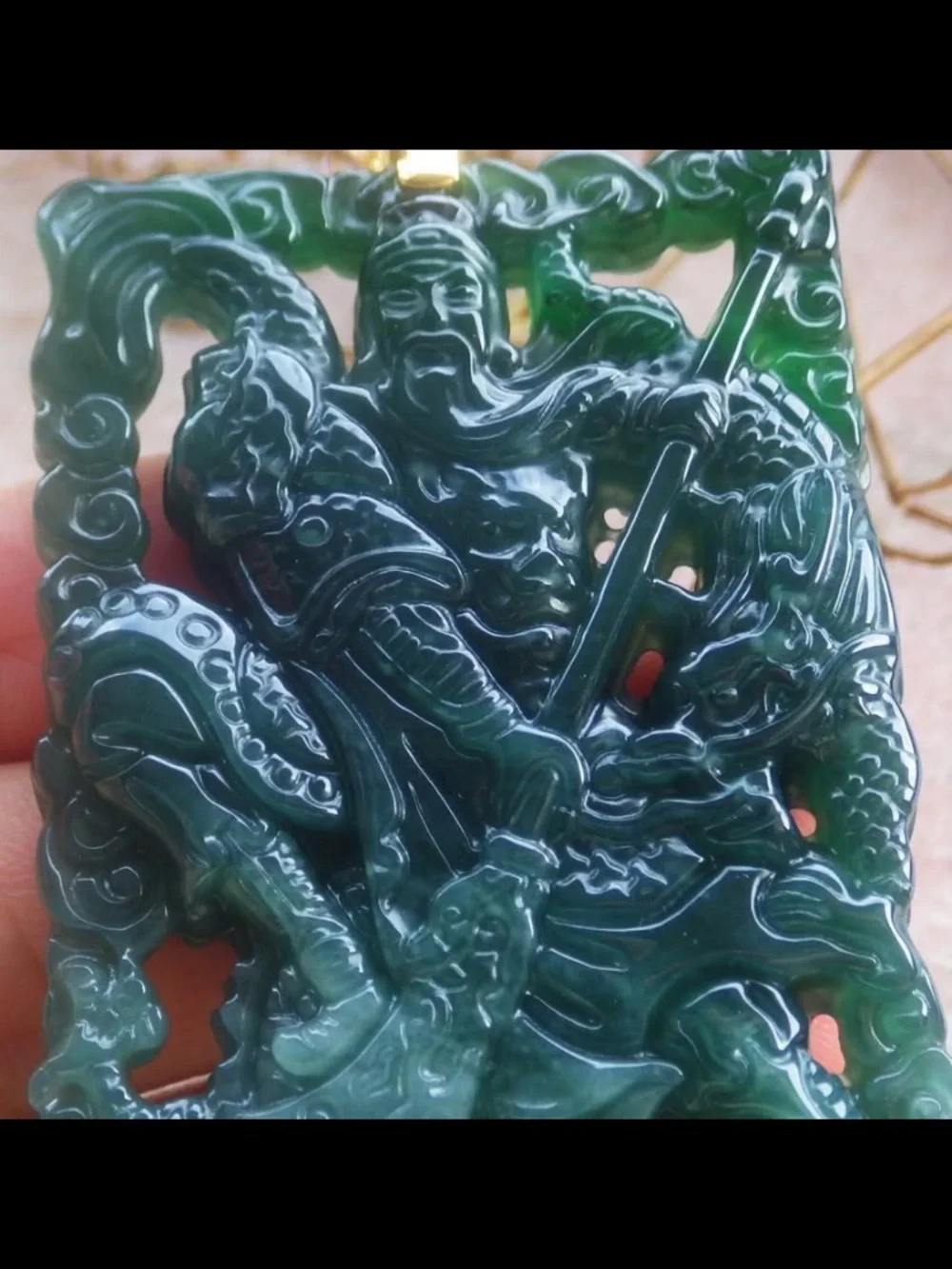 Certificate jadeite silver 925 gold clasp bail pendant guan gong god dragon